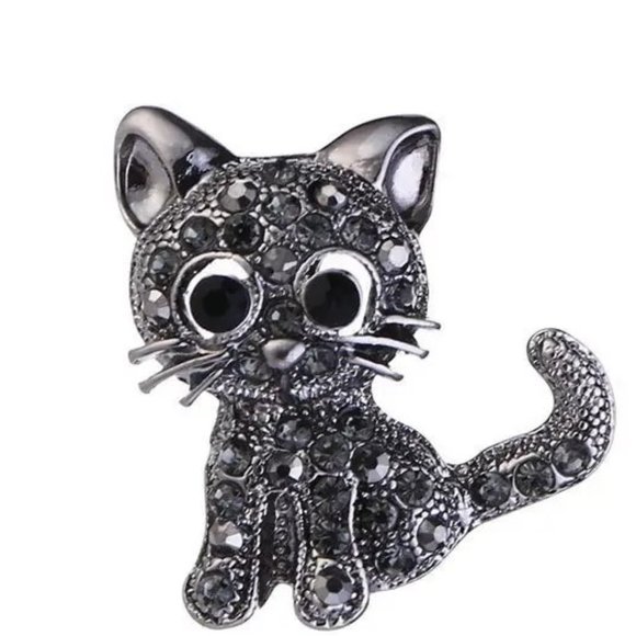 Cat Brooch Rhinestone Kitten Pin Black Silver Sparkle Scarf Hat Coat NEW GIFT - Picture 3 of 6